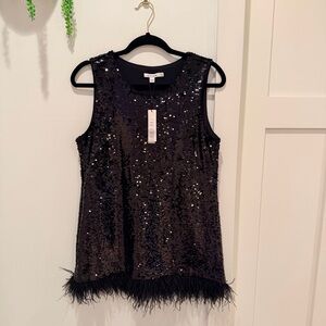 Chico's NWT Black Sequin Party Knit Tank Top Feather Hem Women's Size 1 US M